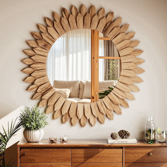 BEAUTYPEAK 24" Round Wood Sunburst Wall Mirror Vanity Mirror Wall Mounted, Light Brown