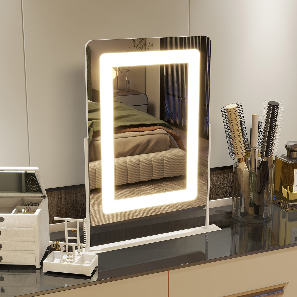 BEAUTYPEAK 20"x16" Hollywood Rectangular Vanity Mirror with Adjustable Lights, White