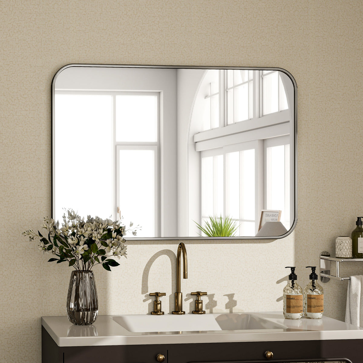 BEAUTYPEAK 24"x 36" Rounded Corners Aluminum Alloy Black Framed Wall Mirror