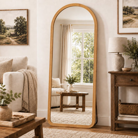 BEAUTYPEAK 65"x24" Arched Full Length Mirror with Solid Wood Frame Freestanding Decorative Floor Mirror, Natural Oak