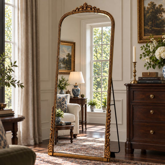 BEAUTYPEAK 69"x 28" Antique Full Length Mirror Arched Floor Mirror with Stand,Antique Gold