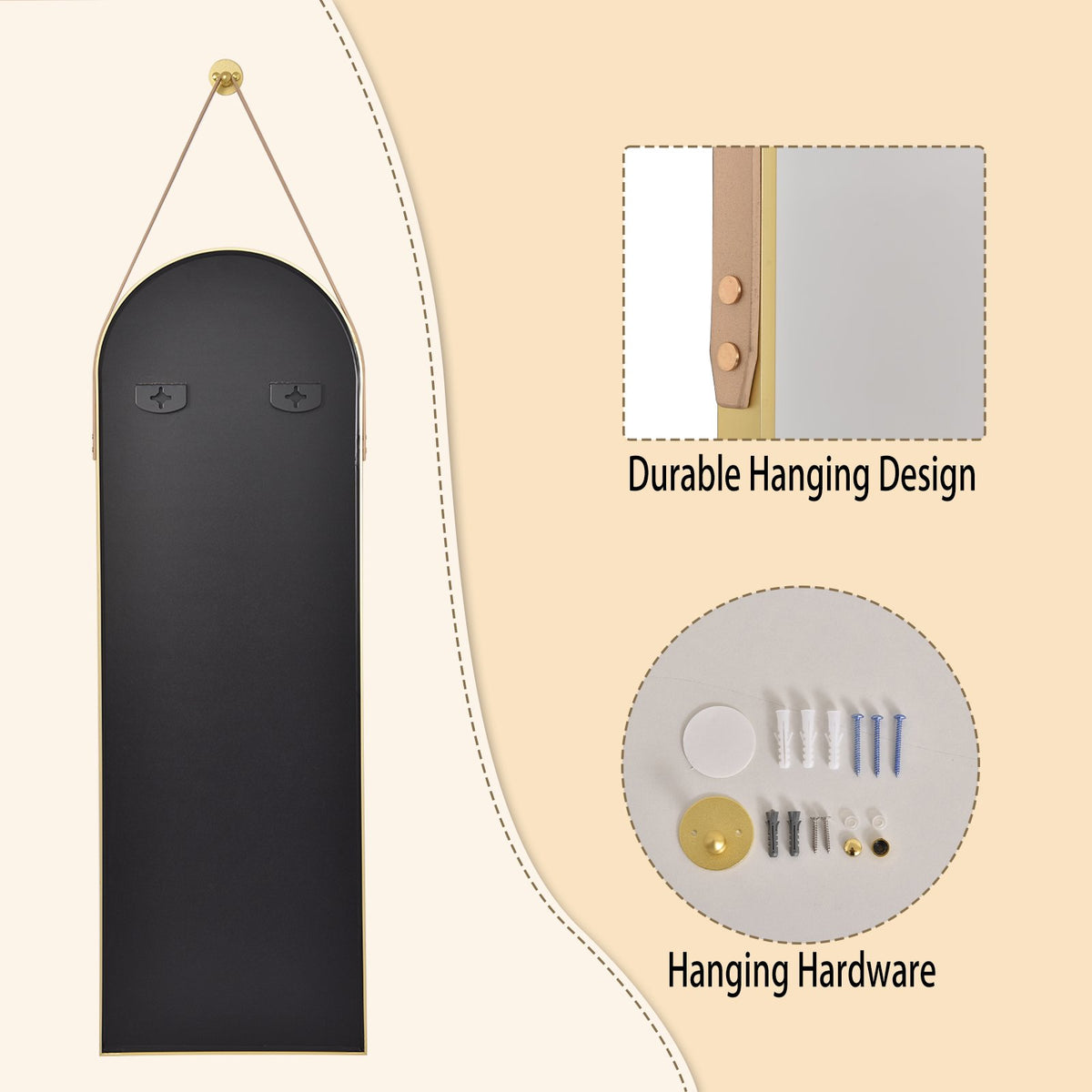 BEAUTYPEAK 48" x 16" Arched Full Length Mirror Hanging Wall Mirrors with Leather Strap