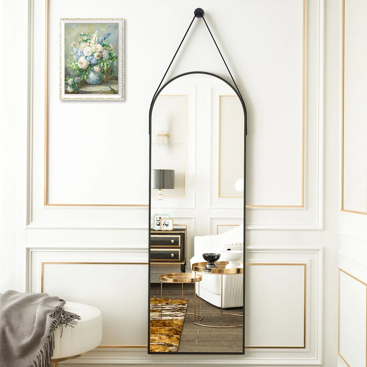 BEAUTYPEAK 48" x 16" Arched Full Length Mirror Hanging Wall Mirrors with Leather Strap