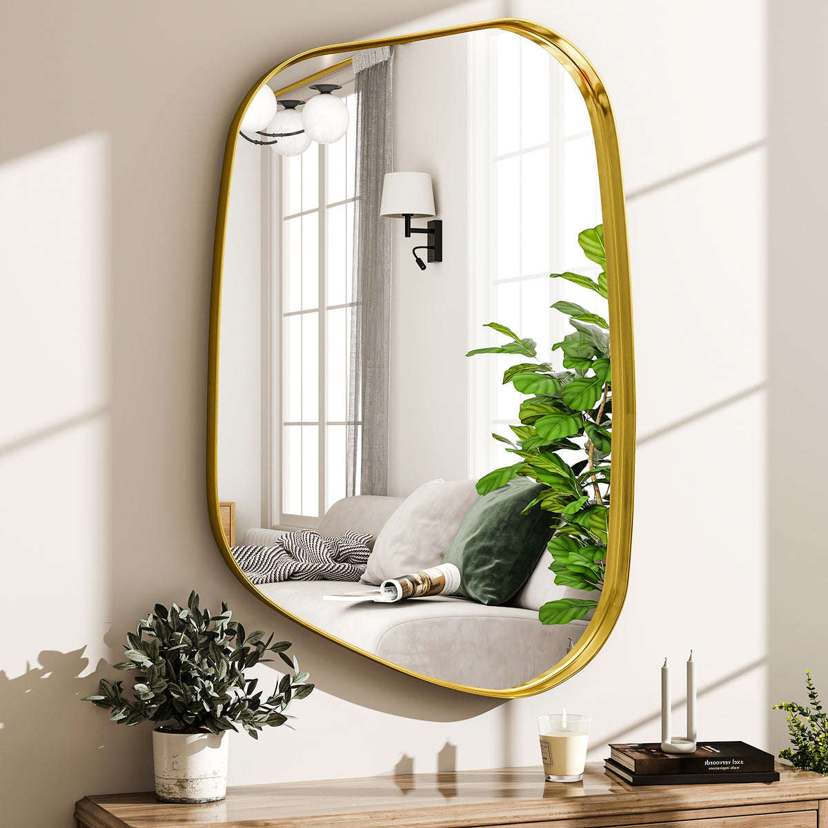 BEAUTYPEAK 30"x 22" Irregular Bathroom Mirror Asymmetrical Mirror Wall Mounted Deep Frame