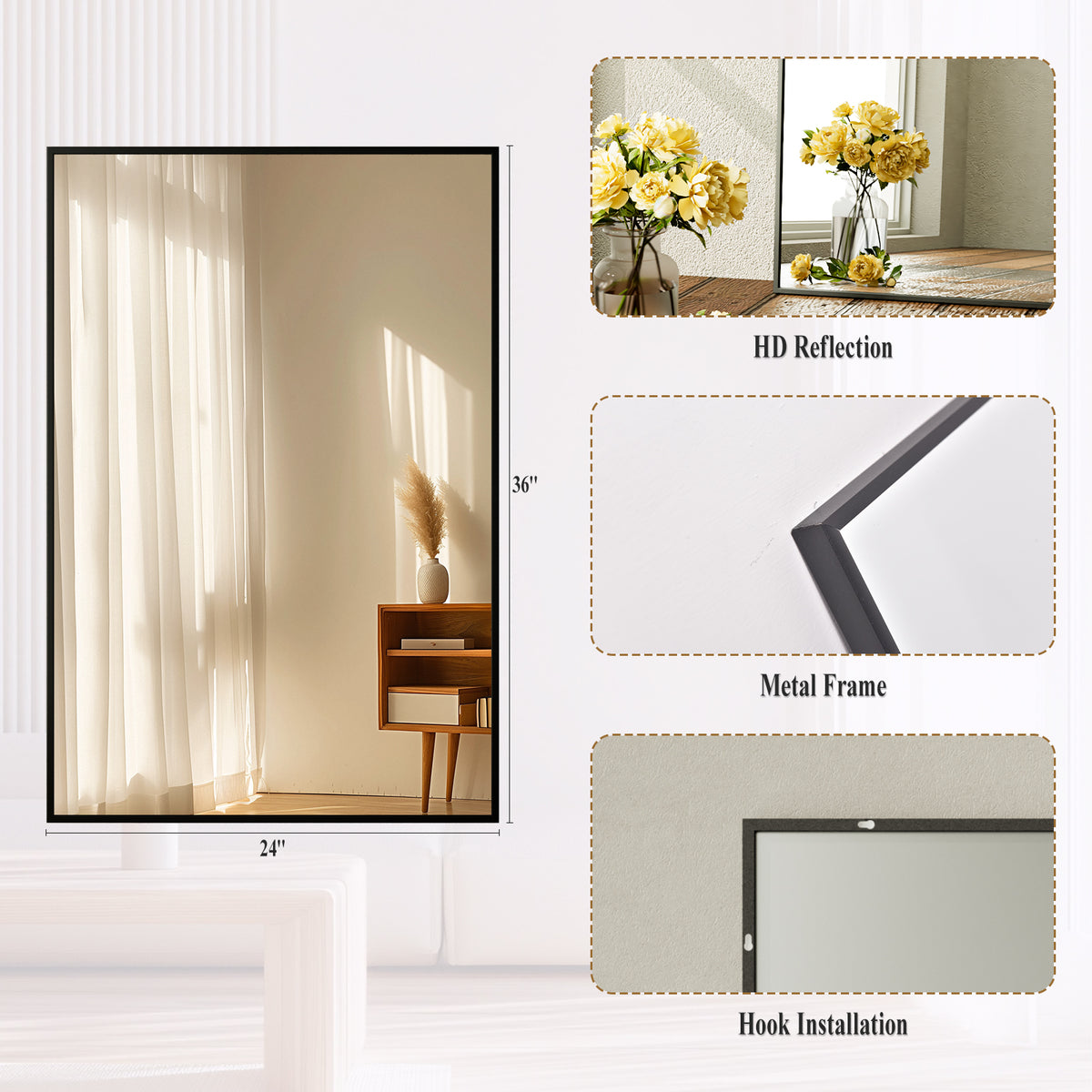 BEAUTYPEAK 24" x 36" Rectangular Aluminum Alloy Black Framed Wall Mirror