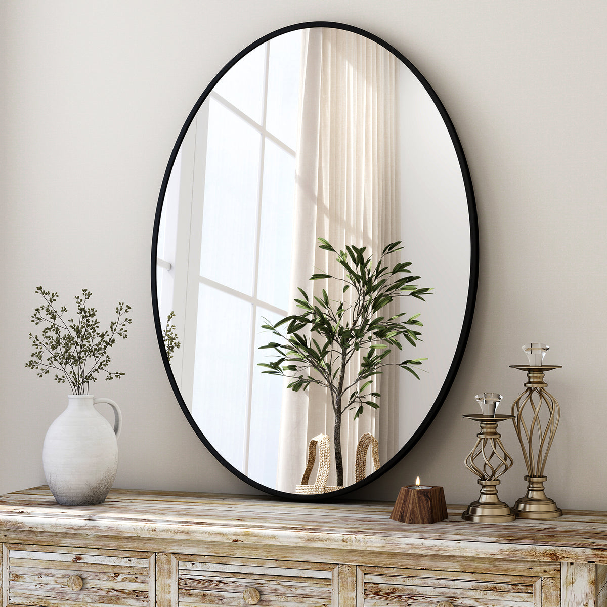 BEAUTYPEAK 24''x 36''Oval Black Aluminum Alloy Framed Wall Mirror