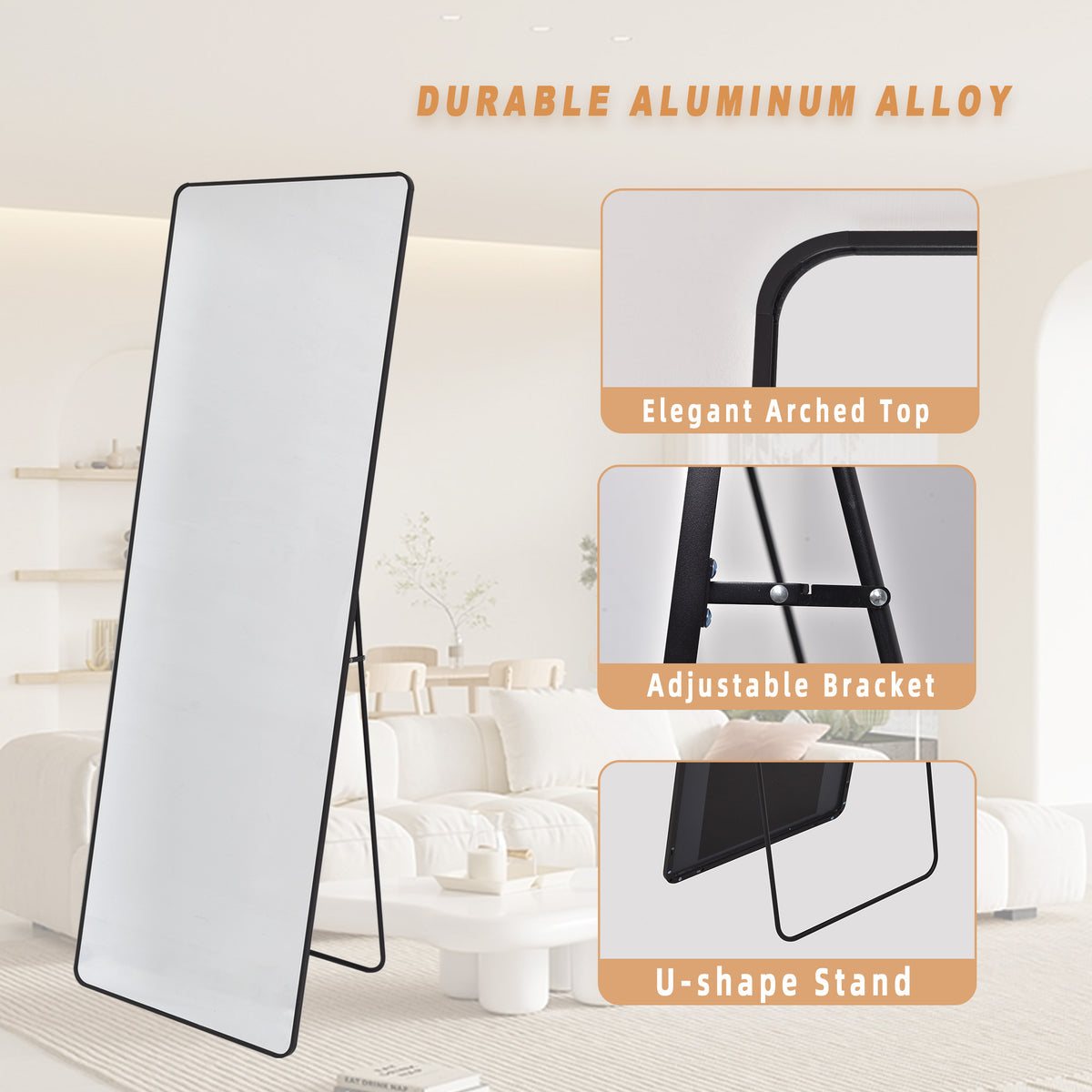 BEAUTYPEAK Rectangle Rounded Standing Full Length Mirror Floor, Black