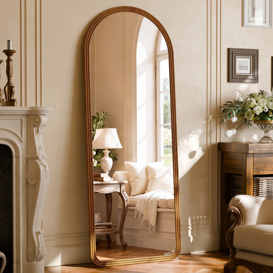 BEAUTYPEAK 65"x24" Arched Full Length Mirror with Solid Wood Frame Freestanding Decorative Floor Mirror, Warm Walnut