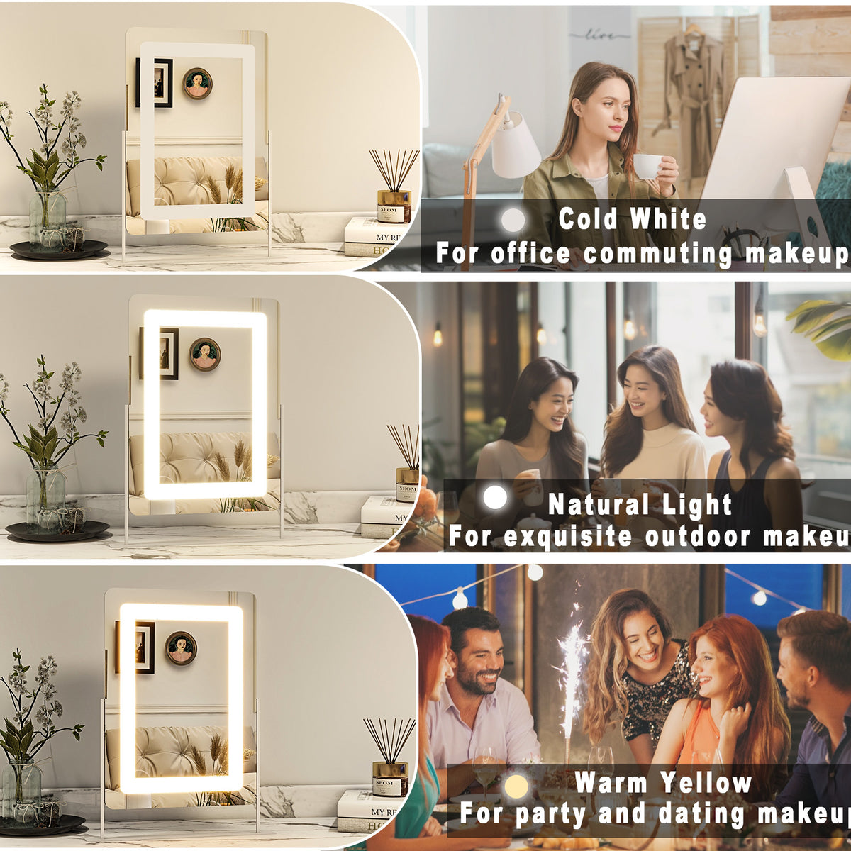 BEAUTYPEAK 20"x16" Hollywood Rectangular Vanity Mirror with Adjustable Lights, White