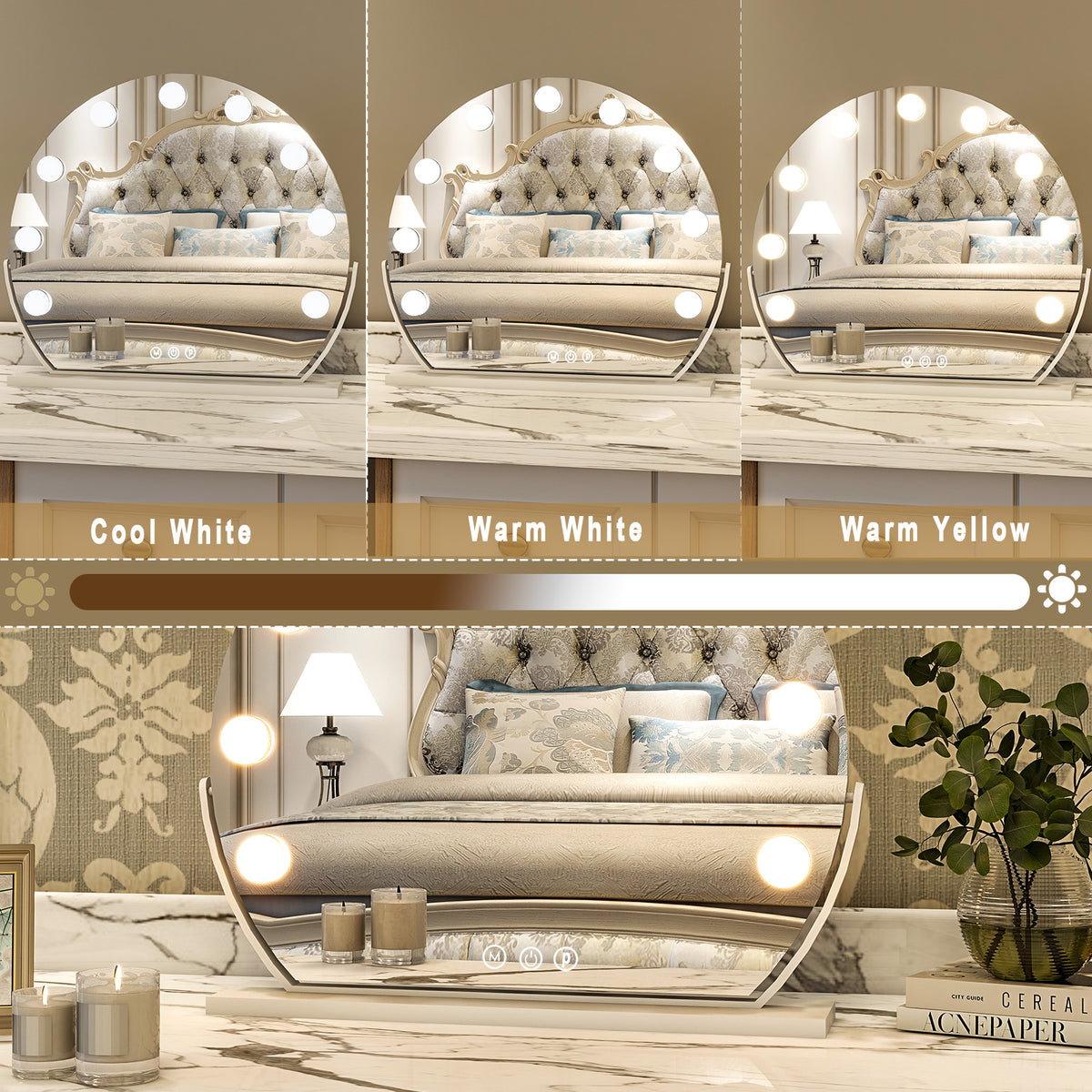 BEAUTYPEAK 16"x14" Round Hollywood Vanity Mirror with Adjustable Lights, White