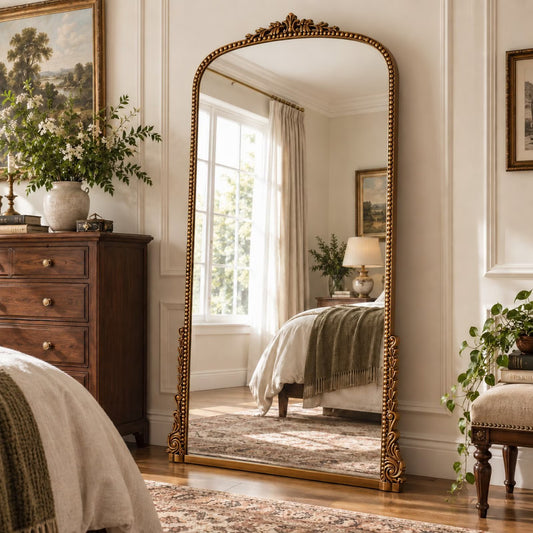 BEAUTYPEAK 71"x 32" Antique Full Length Mirror Large Arched Floor Mirror with Stand,Antique Gold