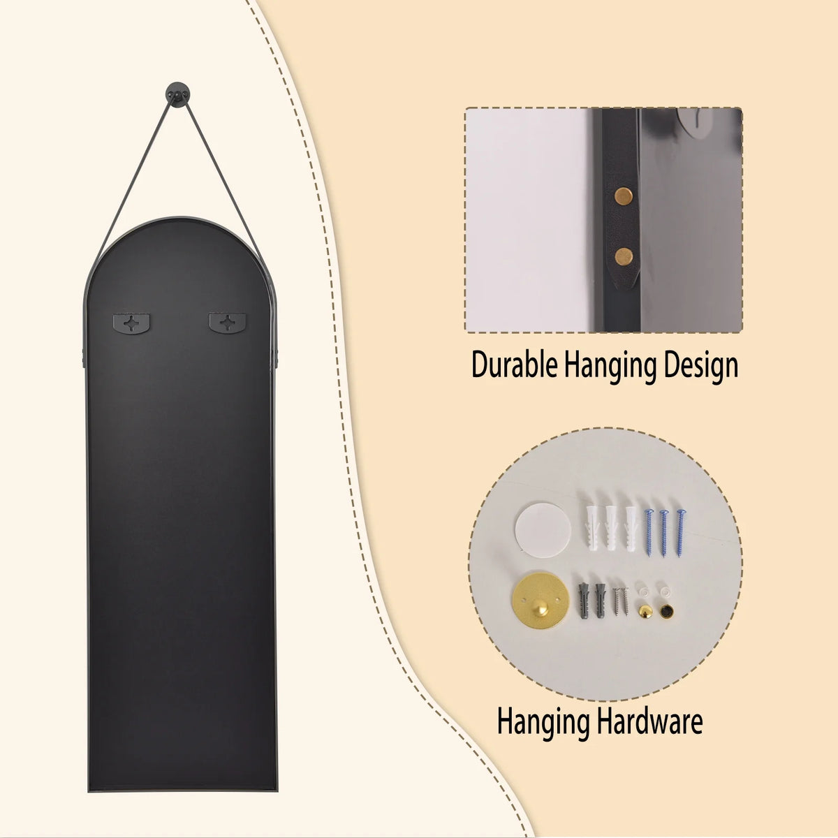 BEAUTYPEAK 48" x 16" Arched Full Length Mirror Hanging Wall Mirrors with Leather Strap