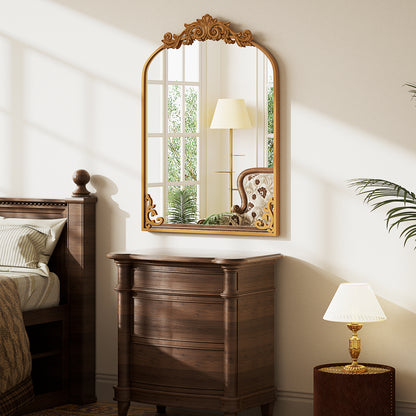 BEAUTYPEAK Metal Arch Bathroom Mirror with Baroque Flower Wall Mounted