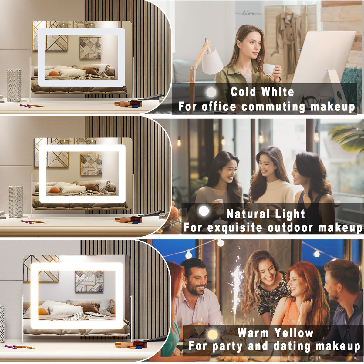 BEAUTYPEAK Hollywood Vanity Mirror Rectangular Mirror with LED, White