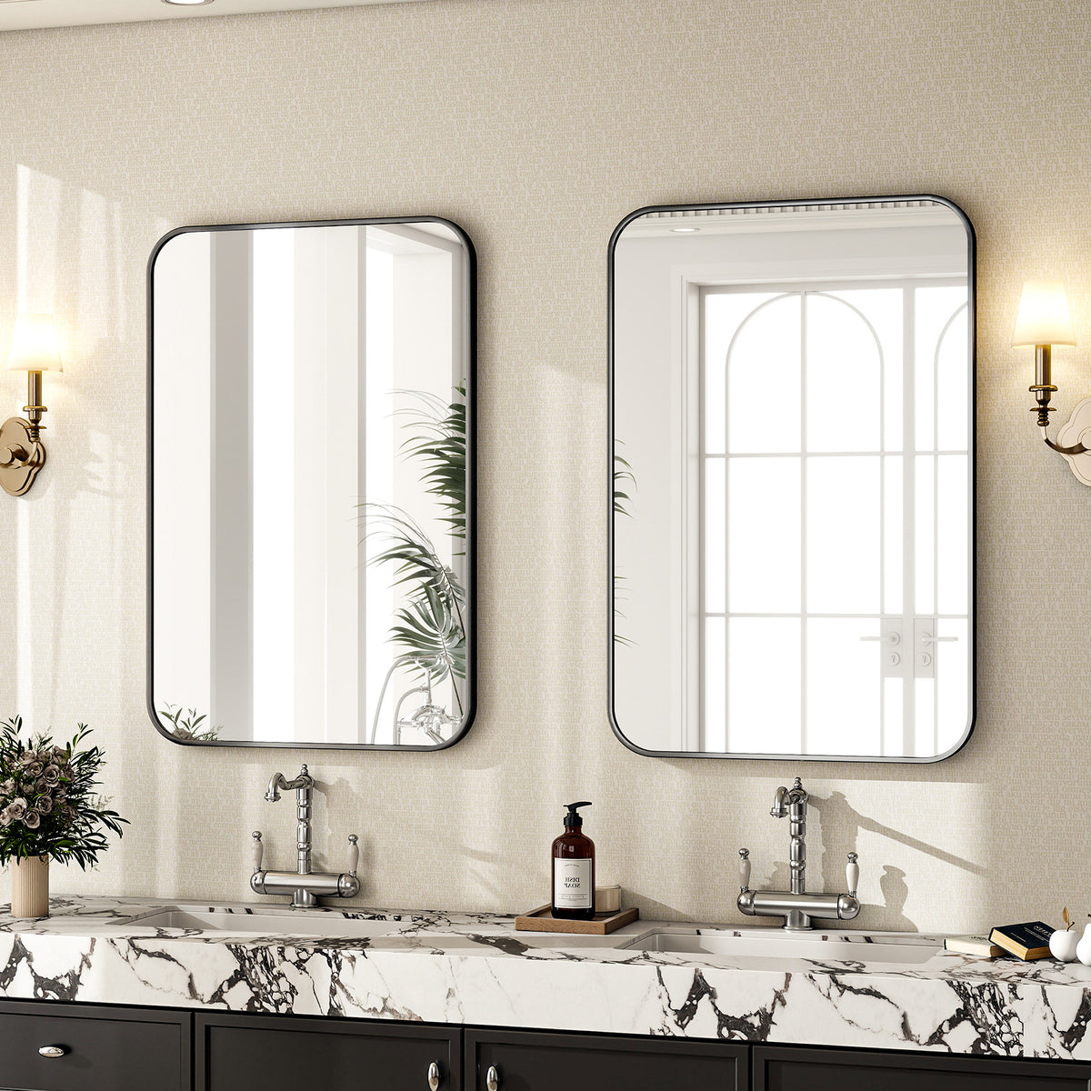 BEAUTYPEAK 24"x 36" Rounded Corners Aluminum Alloy Black Framed Wall Mirror