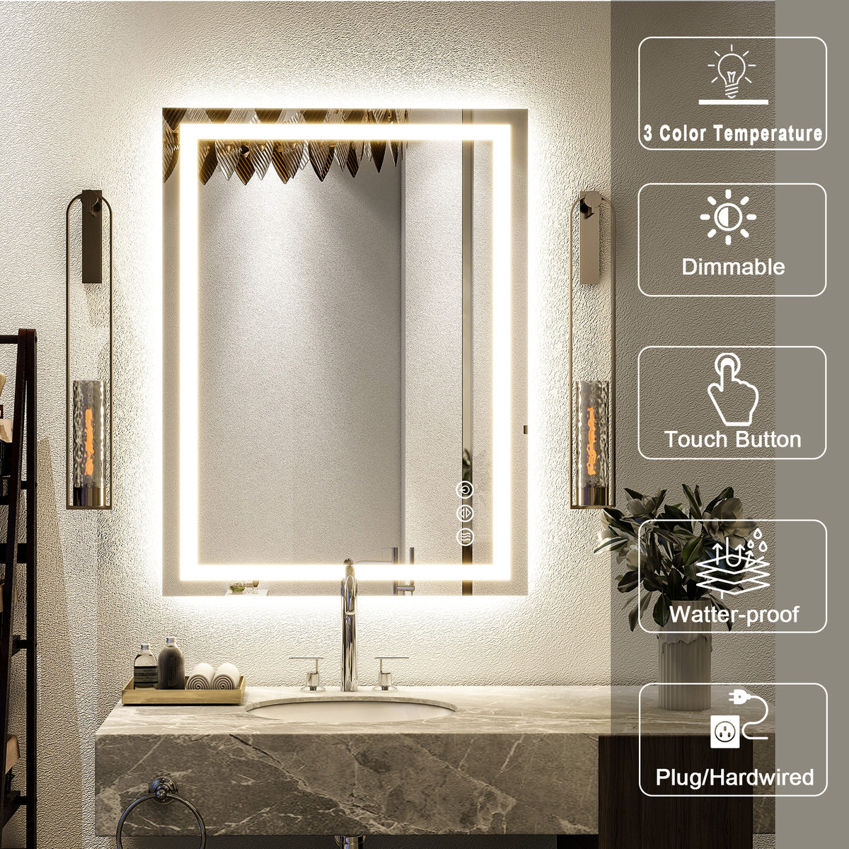 BEAUTYPEAK Bathroom Mirror with Adjustable LED Wall Mounted Mirror, White