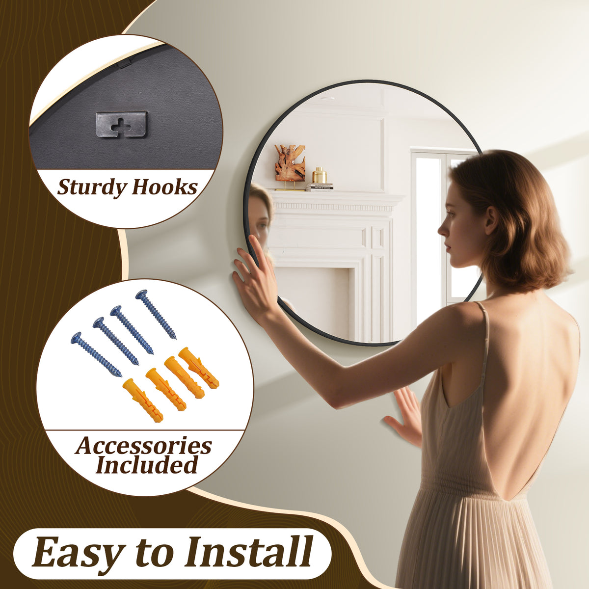 BEAUTYPEAK  Round Aluminum Alloy Black Framed Wall Mirror