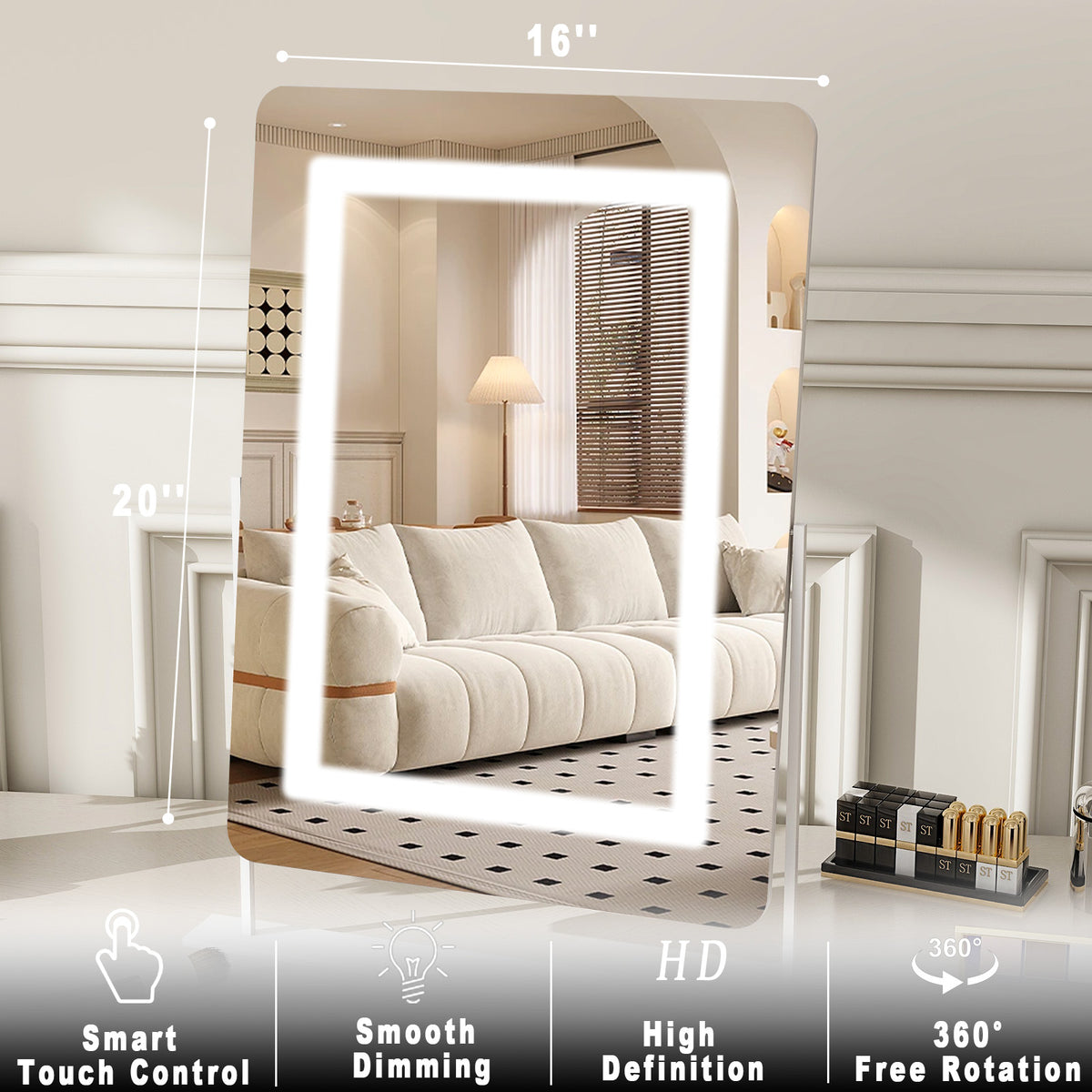 BEAUTYPEAK 20"x16" Hollywood Rectangular Vanity Mirror with Adjustable Lights, White