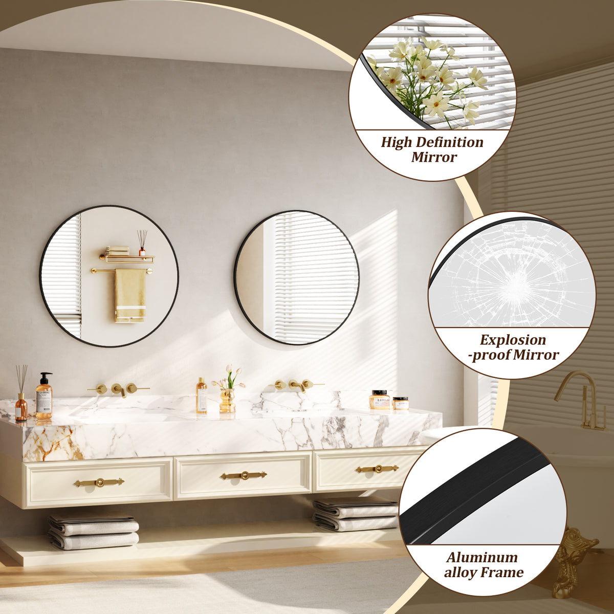 BEAUTYPEAK  Round Aluminum Alloy Black Framed Wall Mirror