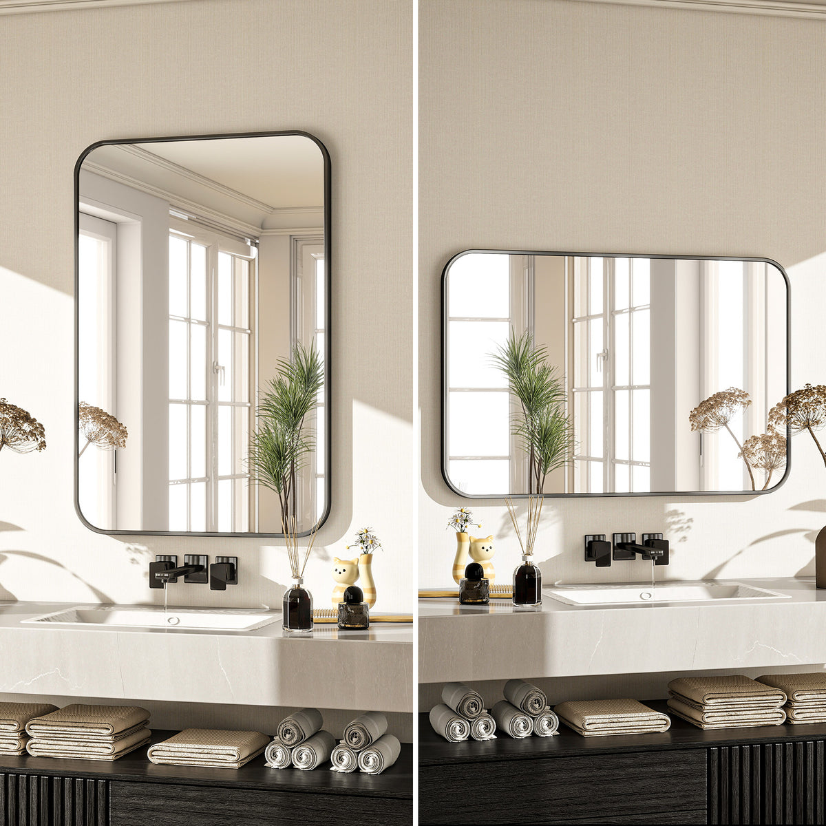 BEAUTYPEAK 24"x 36" Rounded Corners Aluminum Alloy Black Framed Wall Mirror