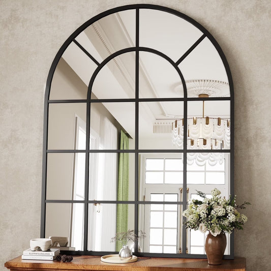 BEAUTYPEAK 40" x 30" Arched Windowpane Mirror Decor Wall Mirror, Black