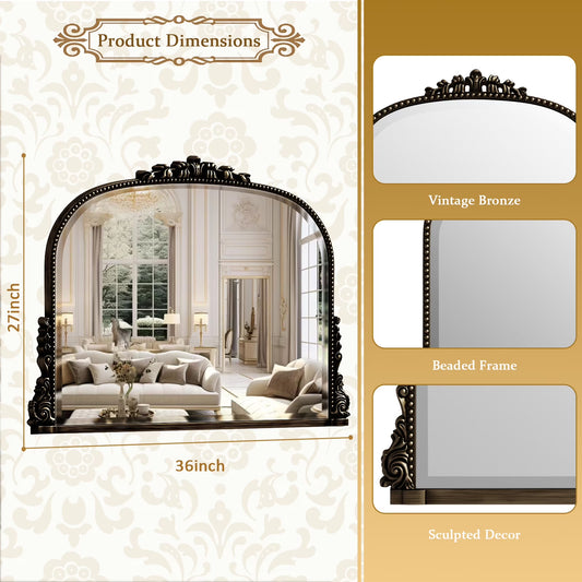 BEAUTYPEAK 36"x 27" Arched Vanity Mirror Vintage Decor Mirror Wall Mounted, Antique Bronze