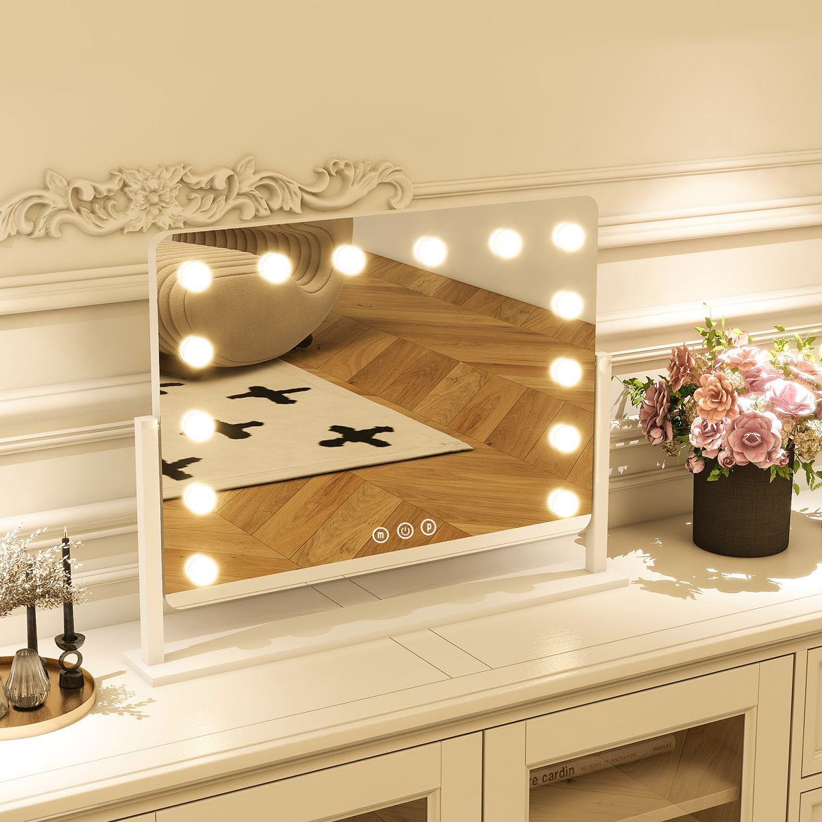 BEAUTYPEAK 20"x16" Hollywood Vanity Mirror with Adjustable Light Round-Edge Mirror, White