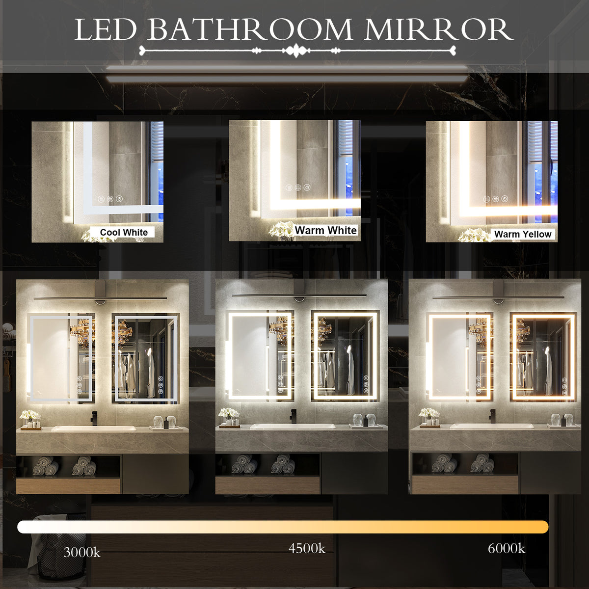 BEAUTYPEAK Bathroom Mirror with Adjustable LED Wall Mounted Mirror, White