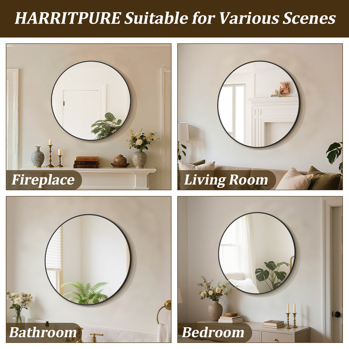 BEAUTYPEAK  Round Aluminum Alloy Black Framed Wall Mirror