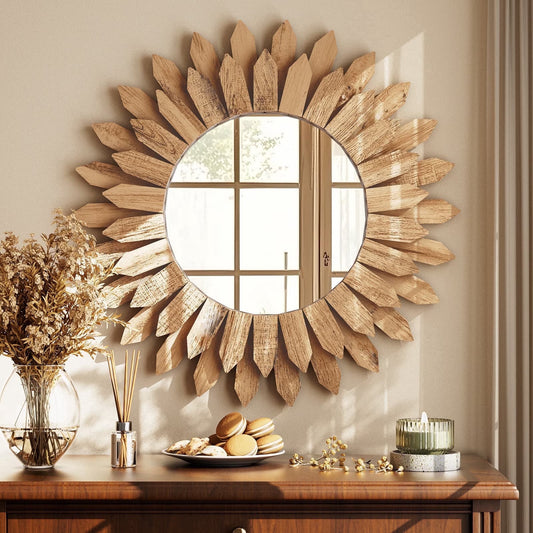 BEAUTYPEAK 20" Round Wood Sunburst Wall Mirror Vanity Mirror Wall Mounted, Light Brown