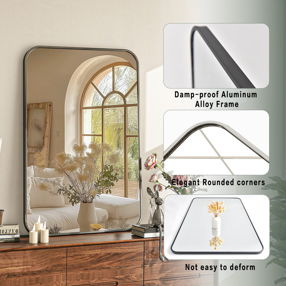 BEAUTYPEAK 24"x 36" Rounded Corners Aluminum Alloy Black Framed Wall Mirror