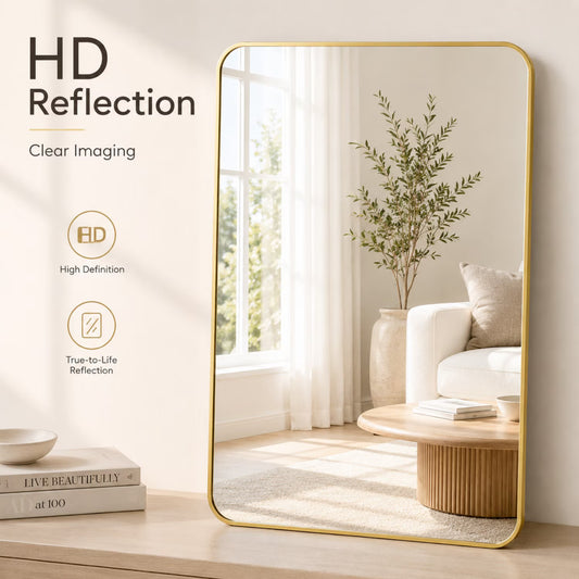 BEAUTYPEAK 20"x28" Wall Mirror Rounded Corners Hanging Vanity Mirror Gold