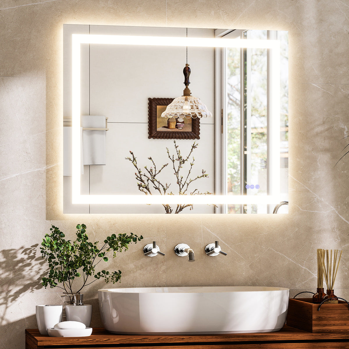 BEAUTYPEAK Modern Frameless LED Bathroom Mirror, Rectangular Design with Anti-Fog