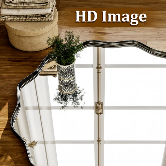BEAUTYPEAK 24" Wavy Round Bathroom Mirror Decorative Wall Mirror with Deep Frame