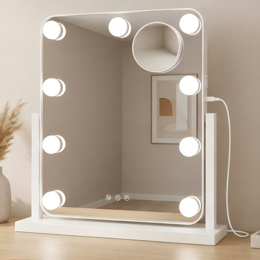 BEAUTYPEAK 11"x13" Hollywood Lighted Vanity Mirror LED Makeup Mirror with 3 Adjustable Light Modes and 10x Magnifying Mirror, White