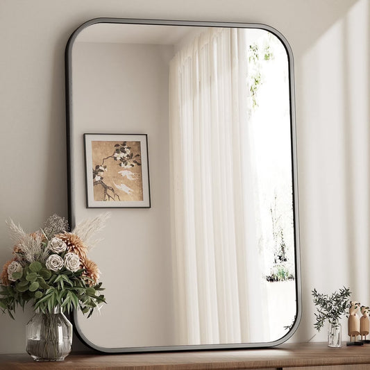 BEAUTYPEAK 20"x28" Wall Mirror Rounded Corners Hanging Vanity Mirror Black