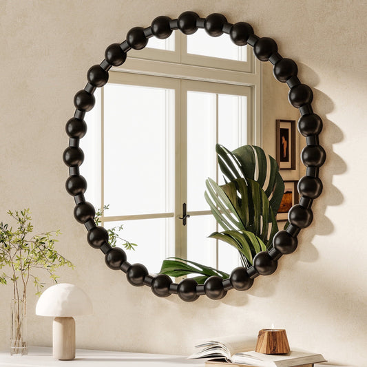 BEAUTYPEAK 24" Round Vintage Bathroom Mirror Decorative Wall Mirror with Luxurious Beaded Frame, Black
