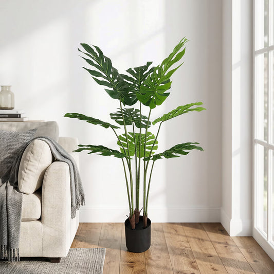 BEAUTYPEAK 3.7FT Artificial Plant Fake Indoor Monstera Plant Decorative Outdoor Greenery in Black Pot