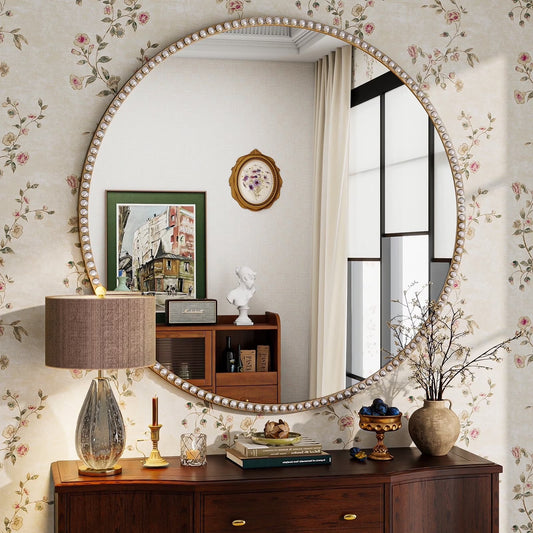 BEAUTYPEAK 32" Round Bathroom Mirror Vanity Mirror Wall Mounted With Beaded Frame,Silver