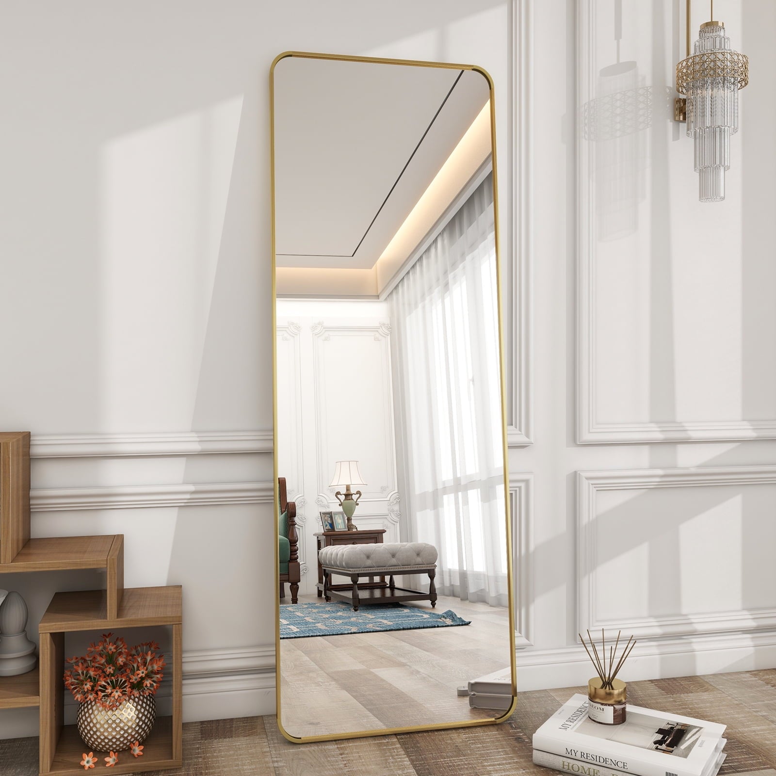 BEAUTYPEAK Rectangle Rounded Standing Full Length Mirror Floor, Black ...