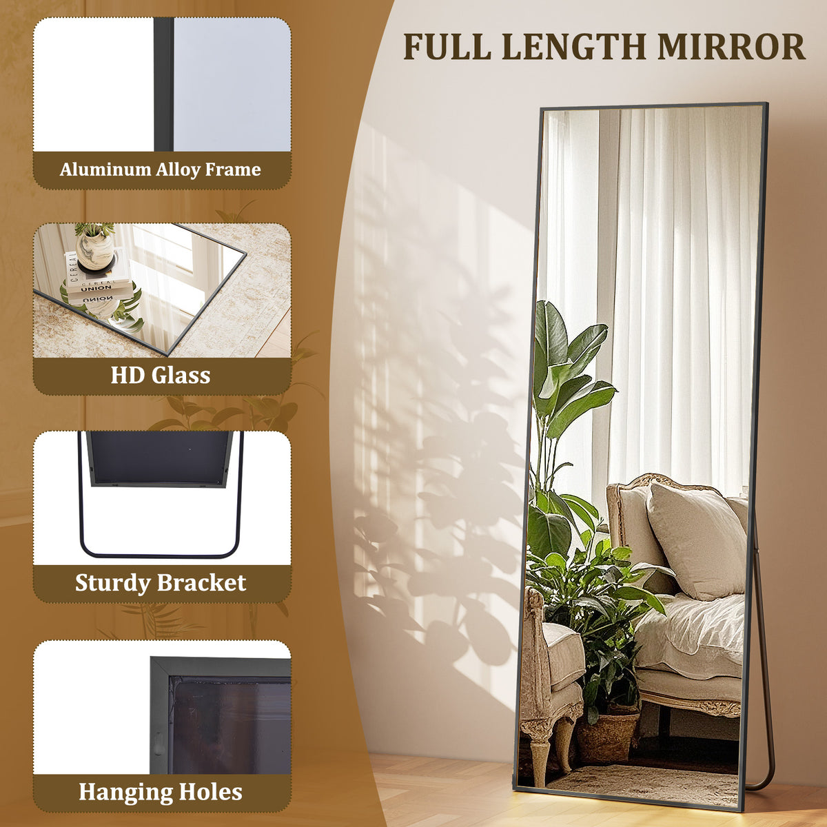 BEAUTYPEAK Rectangular Black Aluminum Alloy Framed Floor Mirror