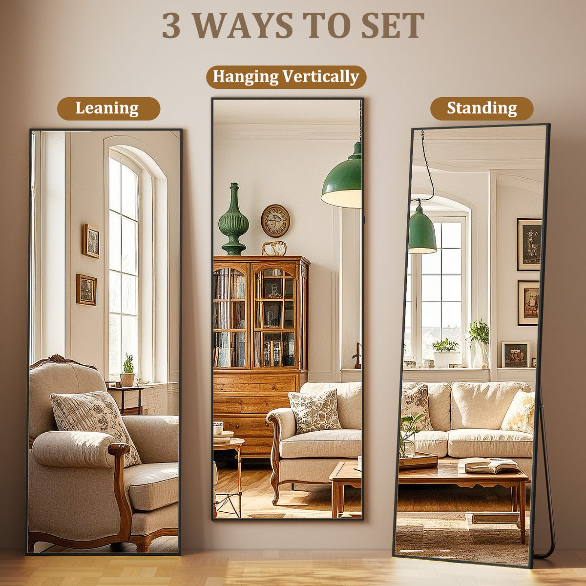 BEAUTYPEAK Rectangular Black Aluminum Alloy Framed Floor Mirror
