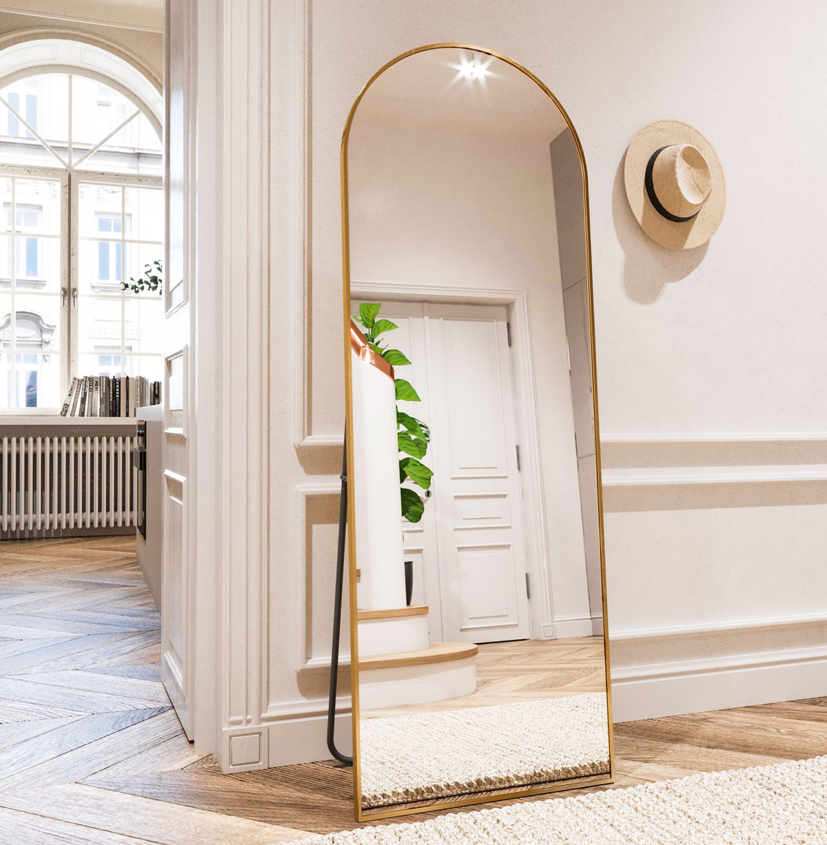 Full Length Arch Floor Mirror Wall Mirror Hanging or Leaning Arched-Top Full Body Mirror with Stand